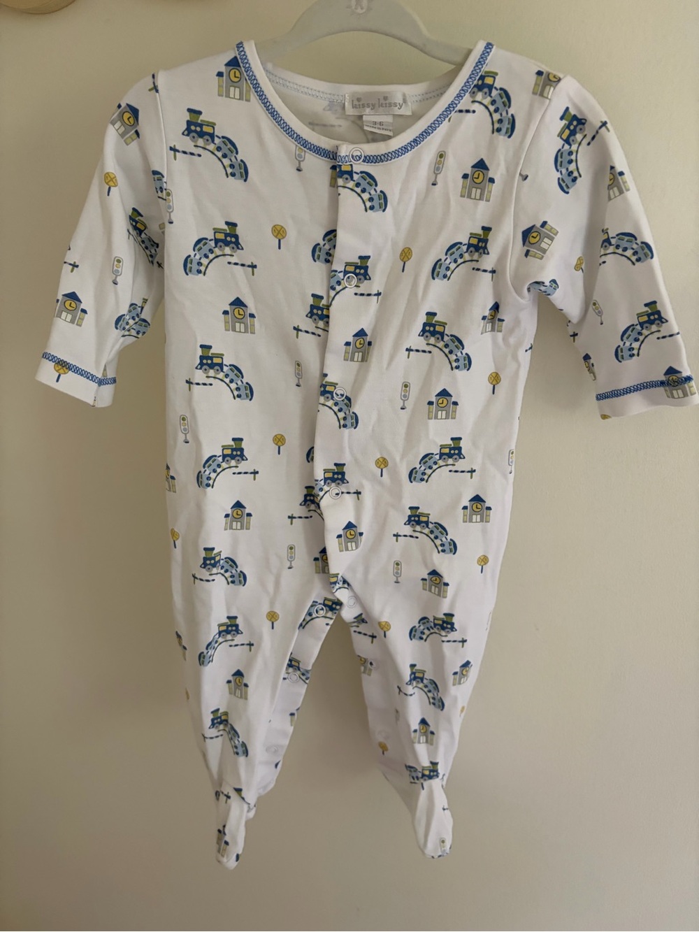Kissy Kissy White Footed One-Piece with Blue and Yellow Train Print